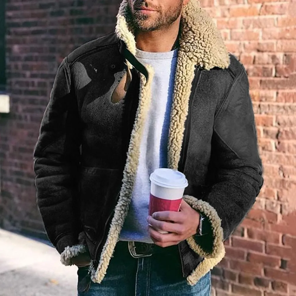 Akivide Men's Fleece Sherpa Lined Jackets Winter Warm Suede Casual Lapel Full Zip Bomber Coat Outerwear with Pockets
