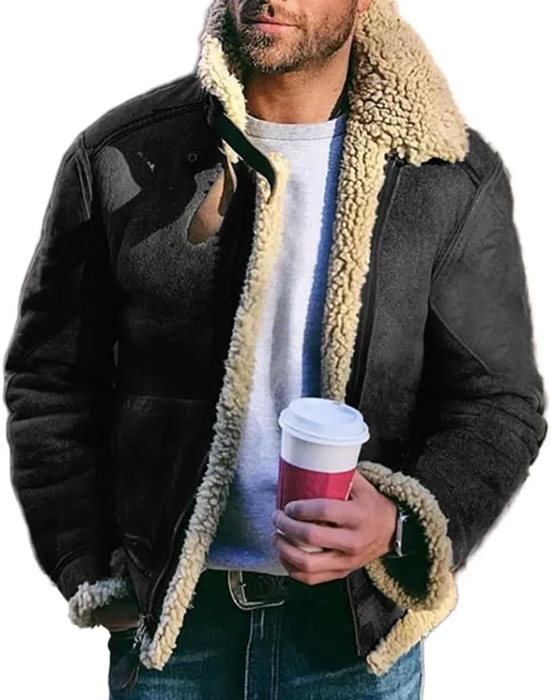 Akivide Men's Fleece Sherpa Lined Jackets Winter Warm Suede Casual Lapel Full Zip Bomber Coat Outerwear with Pockets