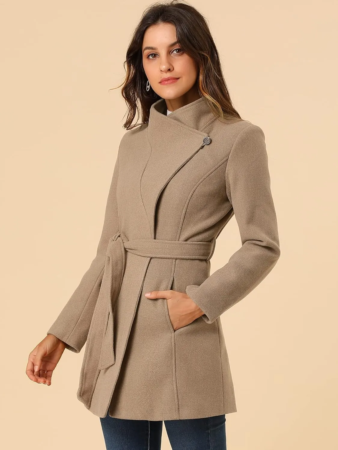 Allegra K Women's Classic Stand Collar Long Sleeve Winter Belted Long Coat