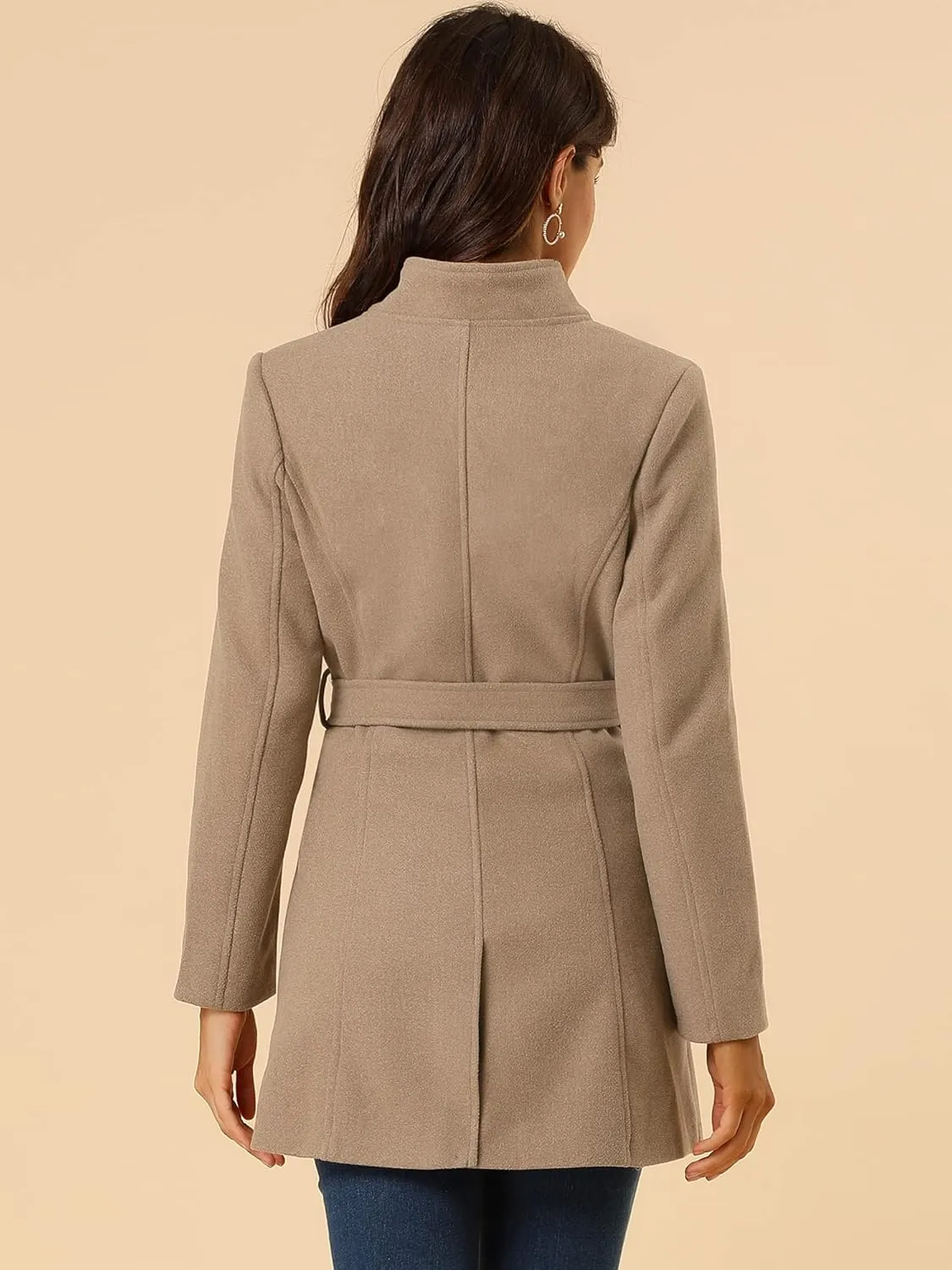Allegra K Women's Classic Stand Collar Long Sleeve Winter Belted Long Coat