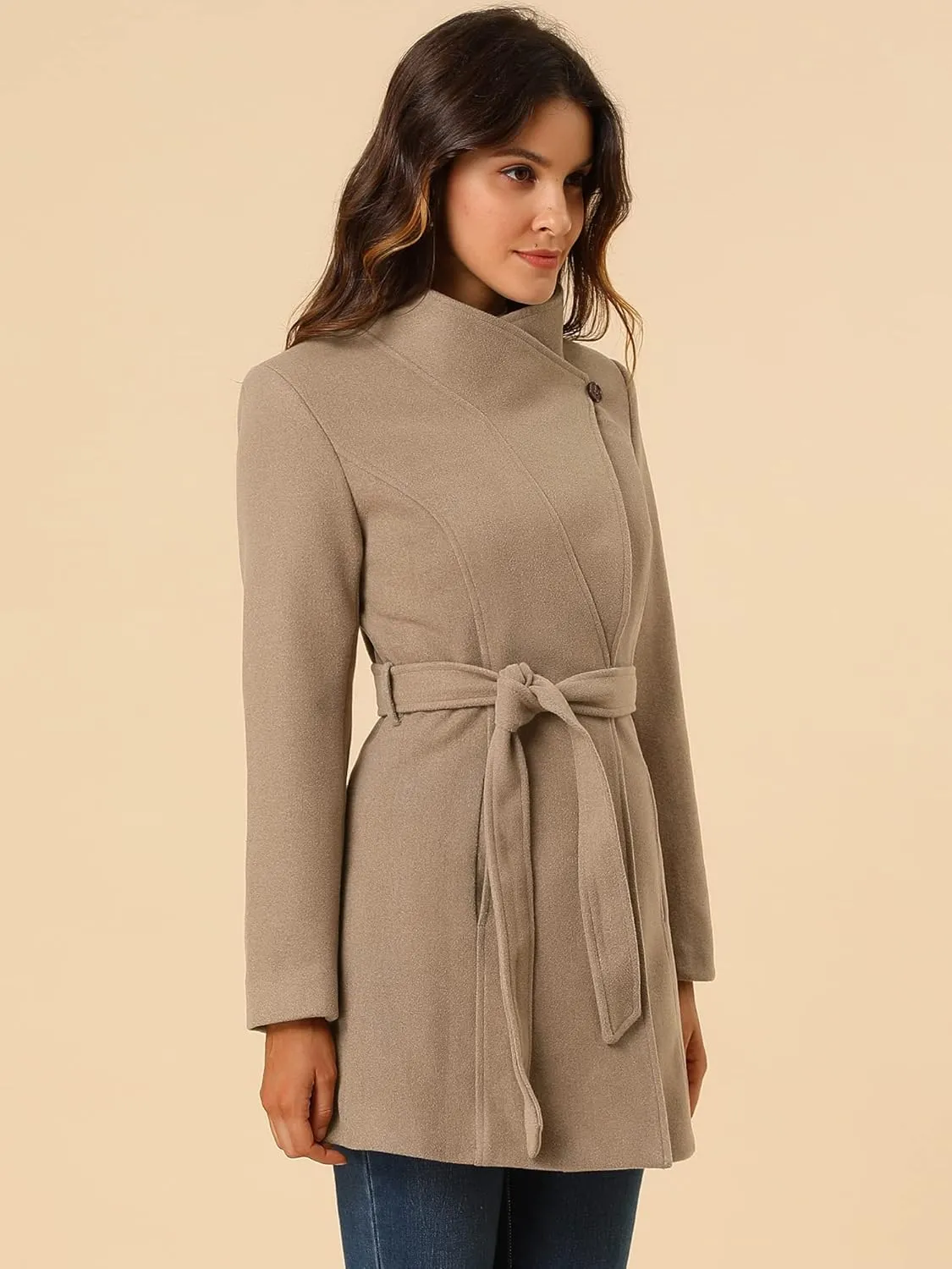 Allegra K Women's Classic Stand Collar Long Sleeve Winter Belted Long Coat