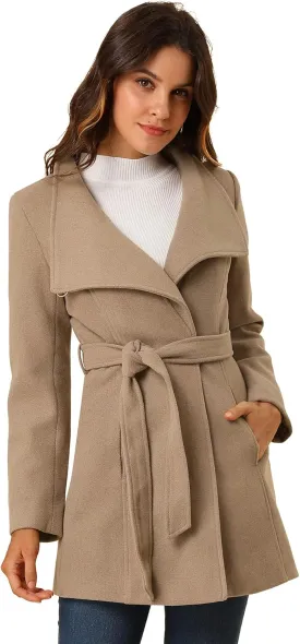 Allegra K Women's Classic Stand Collar Long Sleeve Winter Belted Long Coat