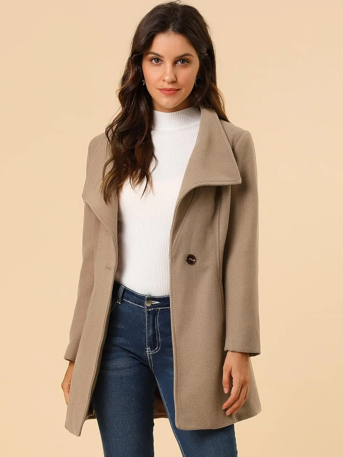 Allegra K Women's Classic Stand Collar Long Sleeve Winter Belted Long Coat