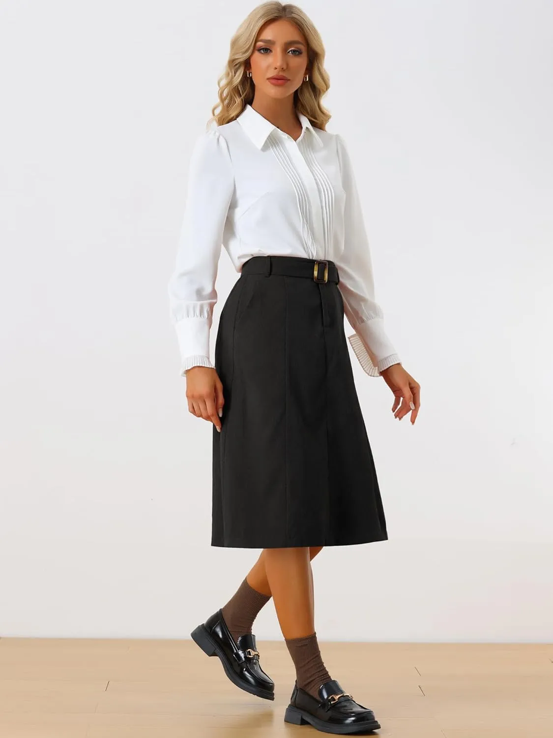 Allegra K Women's High Waist Elastic Back A-Line Belted Winter Fall Midi Corduroy Skirt