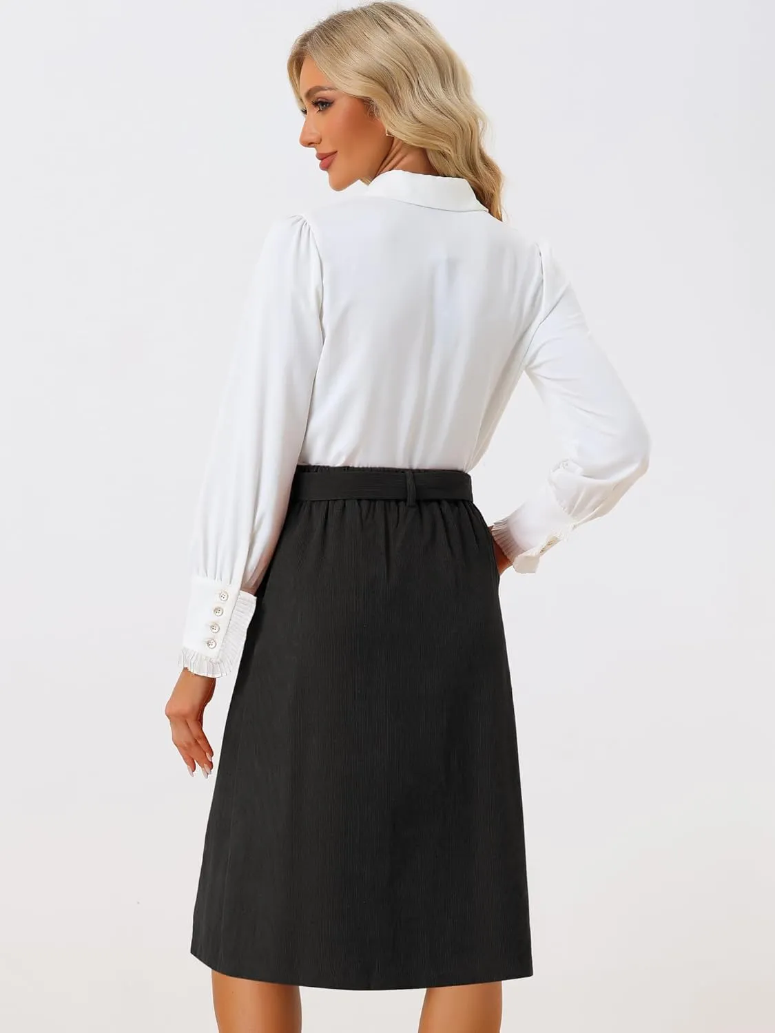 Allegra K Women's High Waist Elastic Back A-Line Belted Winter Fall Midi Corduroy Skirt