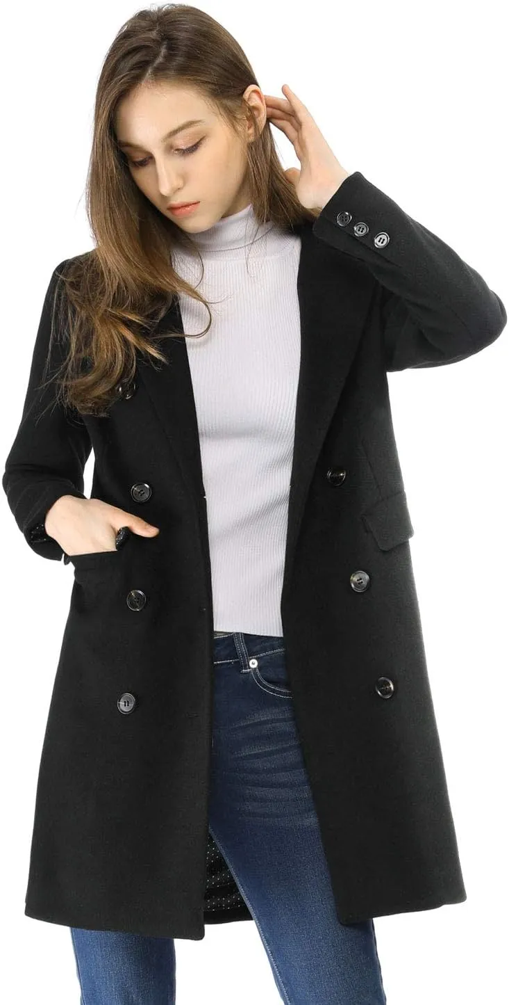 Allegra K Women's Winter Coat Elegant Notched Lapel Double Breasted Trench Coat