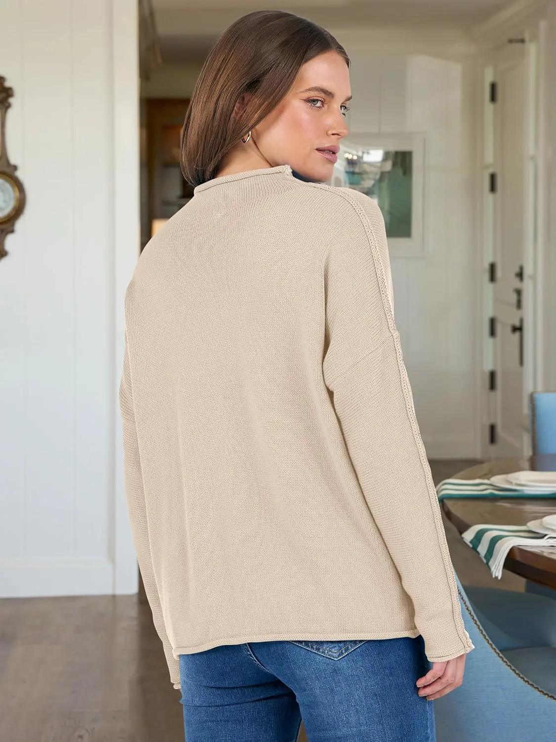ANRABESS Women Casual Long Sleeve Mock Funnel Neck Knit Pullover Sweater Top 2025 Fall Fashion Outfits with Exposed Seam