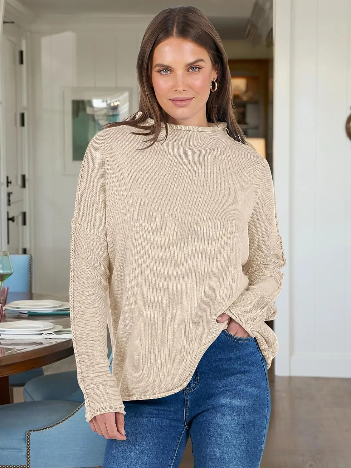ANRABESS Women Casual Long Sleeve Mock Funnel Neck Knit Pullover Sweater Top 2025 Fall Fashion Outfits with Exposed Seam