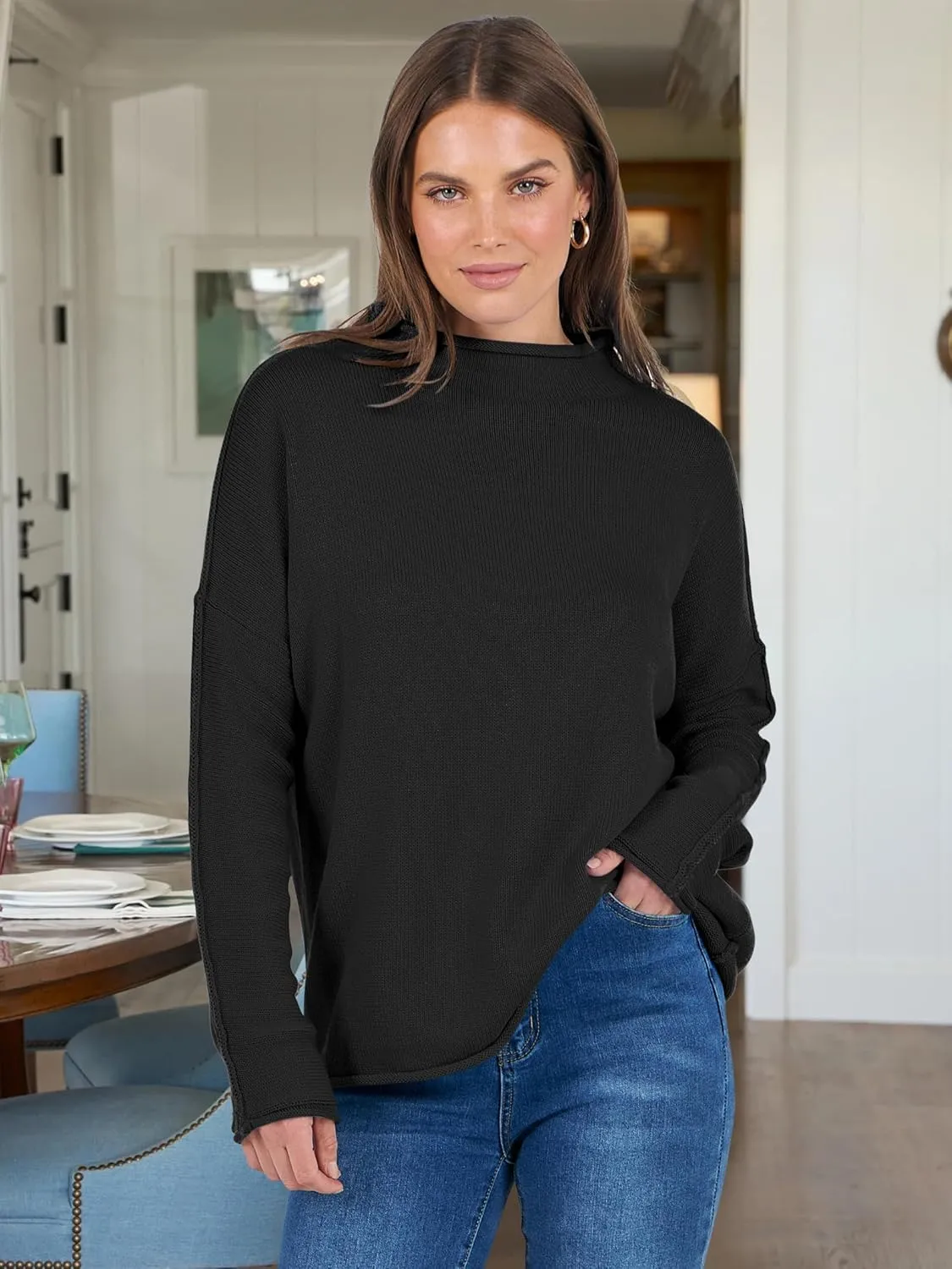 ANRABESS Women Casual Long Sleeve Mock Funnel Neck Knit Pullover Sweater Top 2025 Fall Fashion Outfits with Exposed Seam