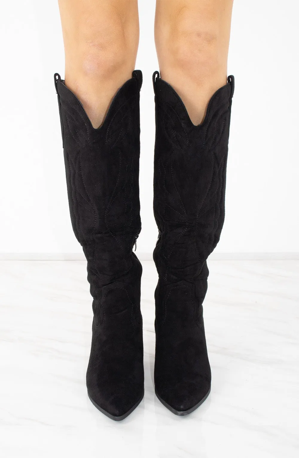 Black Faux Suede Knee High Block Heel Cowboy Boots
