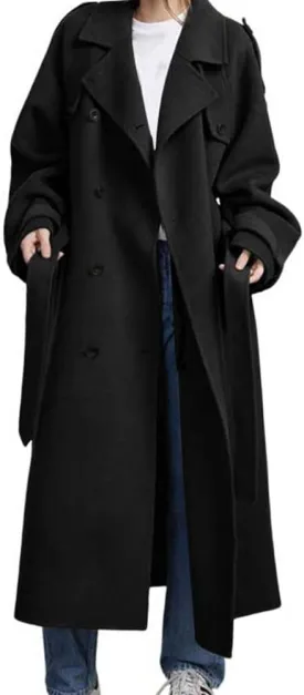 chouyatou Women's Winter Double Breasted Wool Coat Long Sleeve Notch Lapel Midi Long Winter Trench Coat with Belt