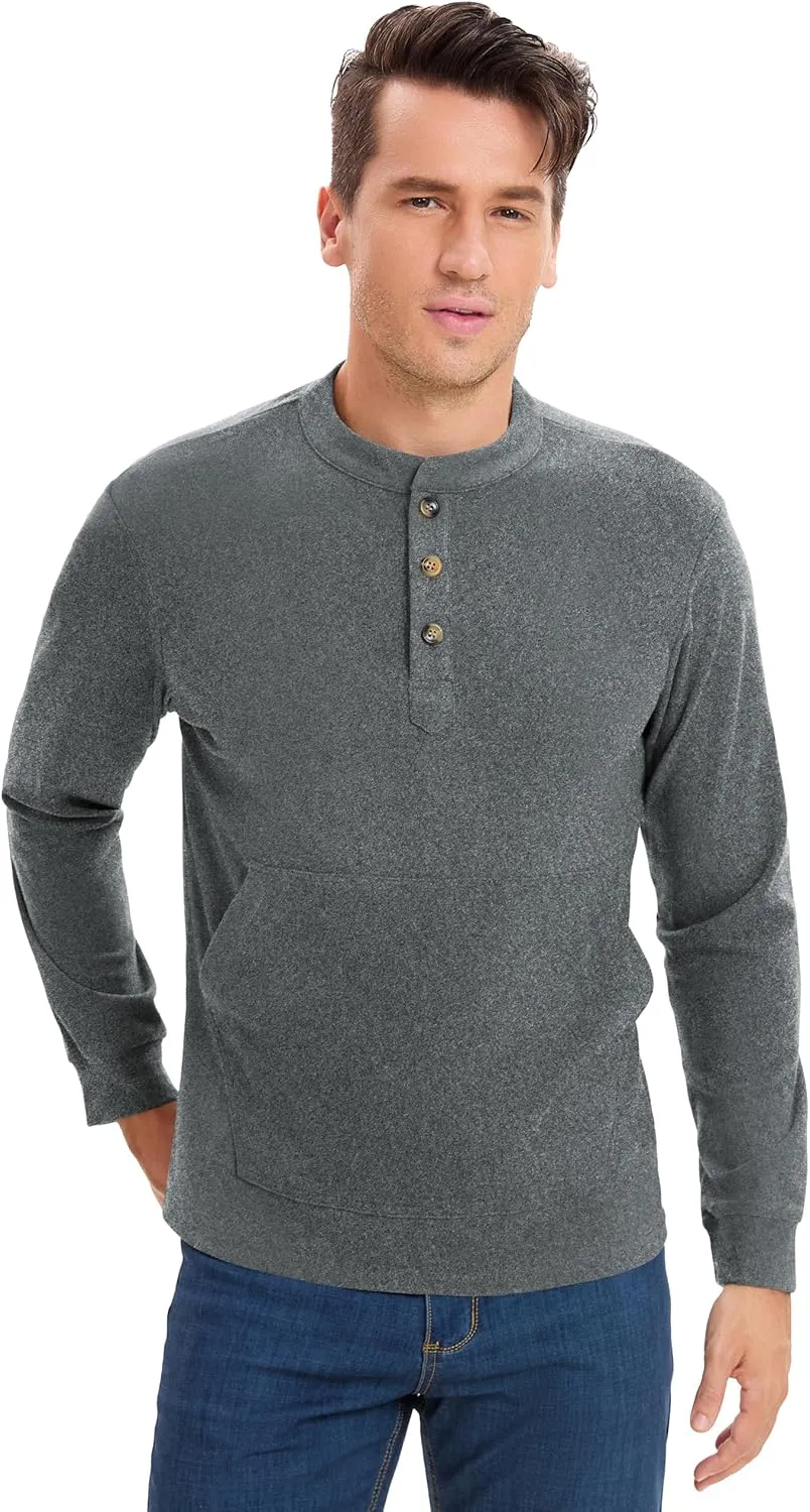 Derminpro Men's Henley Sweatshirts Long Sleeve Casual Solid Fleece Lining Lightweight Thermal T Shirt with Kangaroo Pocket