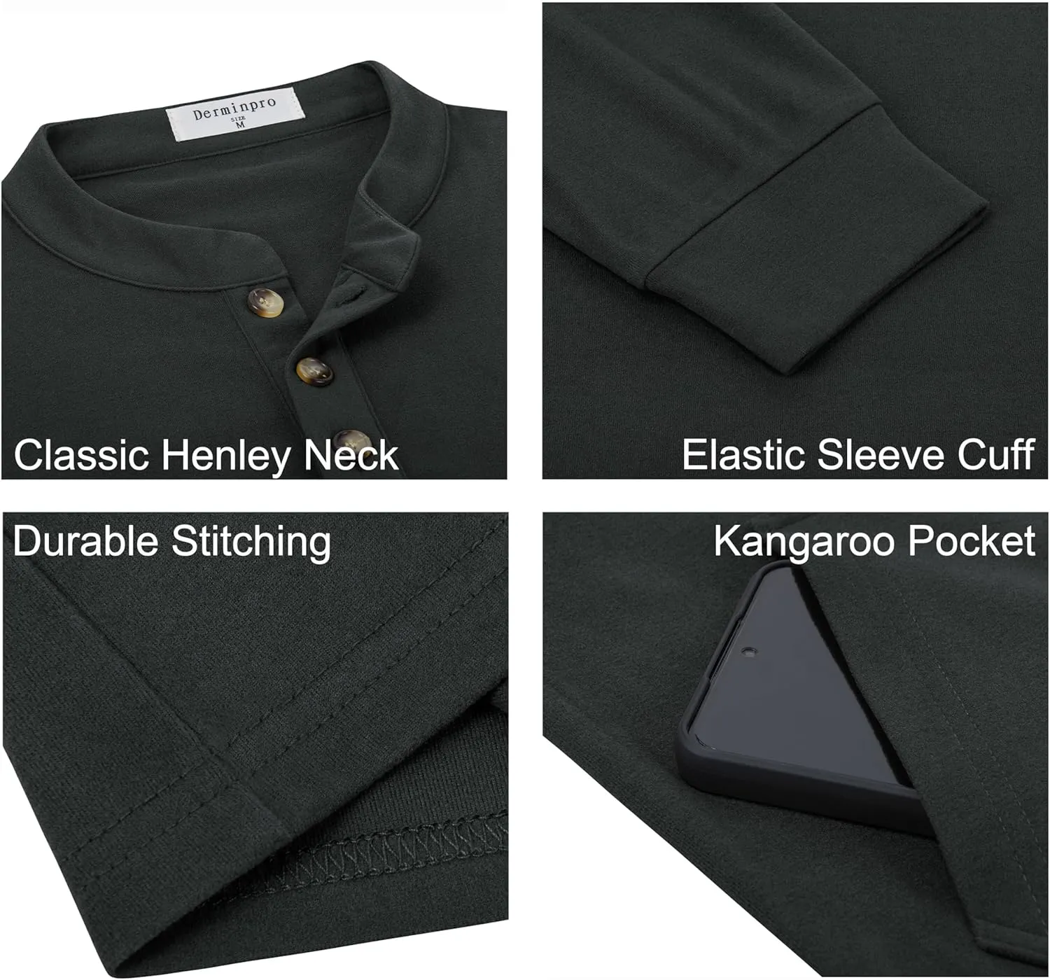 Derminpro Men's Henley Sweatshirts Long Sleeve Casual Solid Fleece Lining Lightweight Thermal T Shirt with Kangaroo Pocket