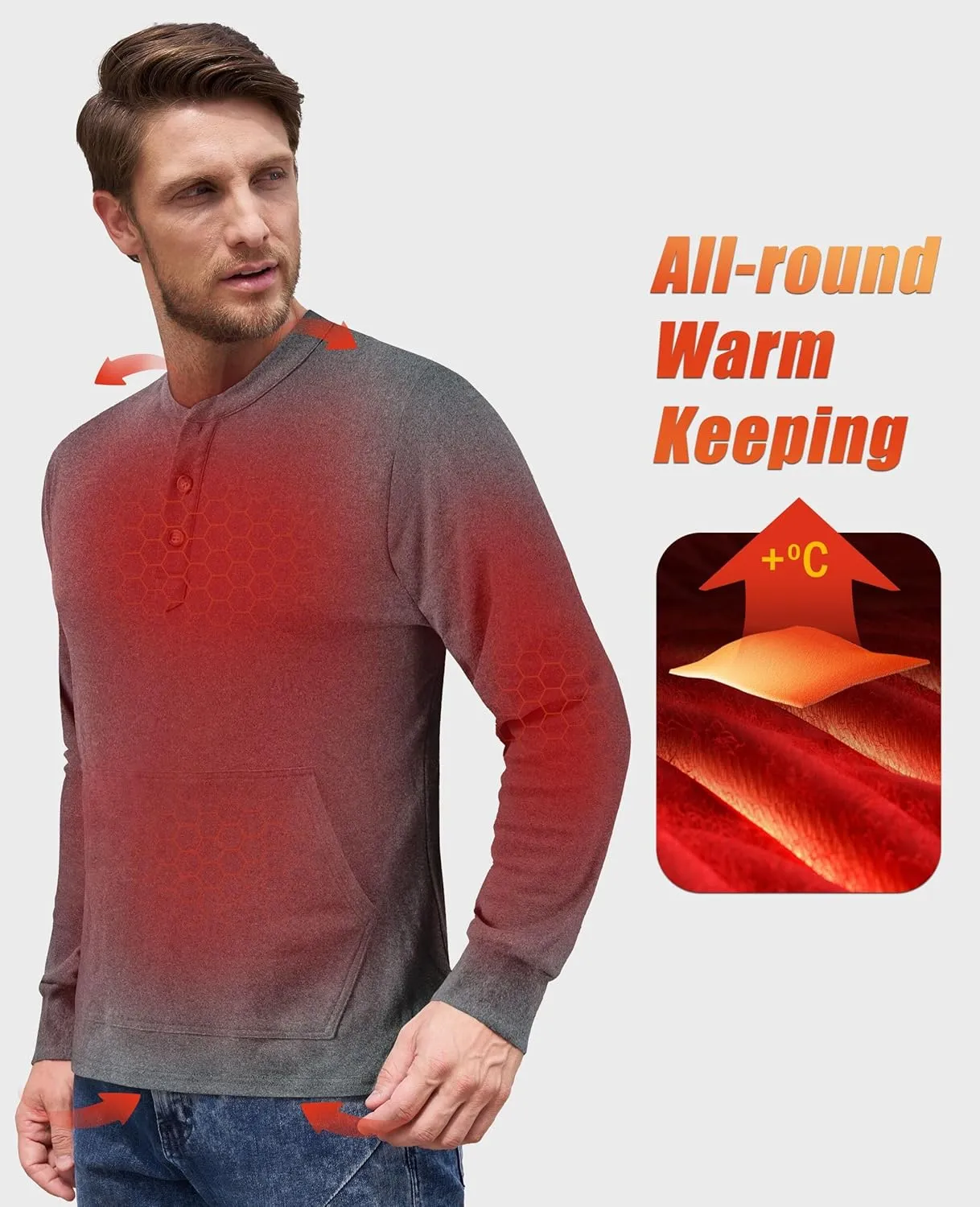 Derminpro Men's Henley Sweatshirts Long Sleeve Casual Solid Fleece Lining Lightweight Thermal T Shirt with Kangaroo Pocket