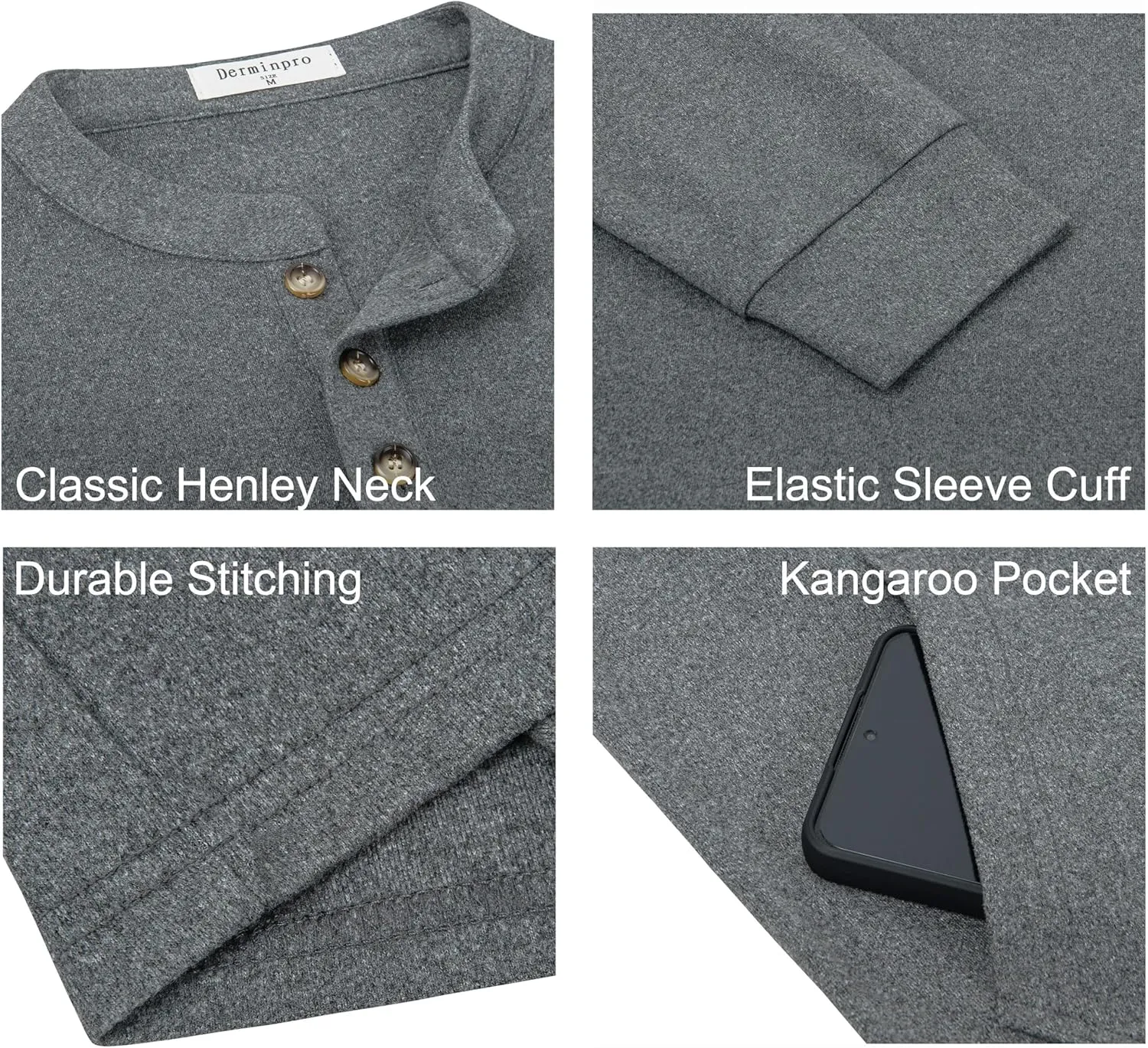 Derminpro Men's Henley Sweatshirts Long Sleeve Casual Solid Fleece Lining Lightweight Thermal T Shirt with Kangaroo Pocket