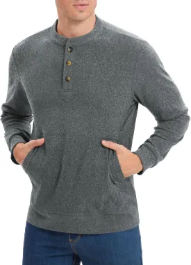 Derminpro Men's Henley Sweatshirts Long Sleeve Casual Solid Fleece Lining Lightweight Thermal T Shirt with Kangaroo Pocket