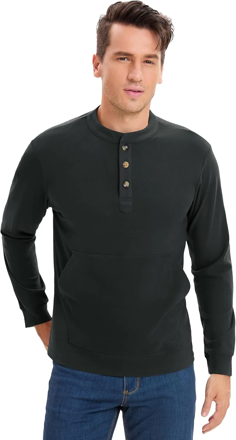 Derminpro Men's Henley Sweatshirts Long Sleeve Casual Solid Fleece Lining Lightweight Thermal T Shirt with Kangaroo Pocket