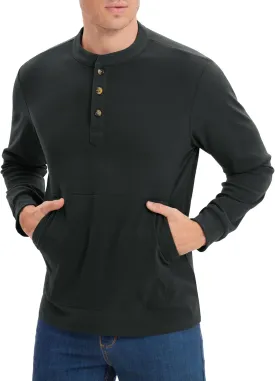 Derminpro Men's Henley Sweatshirts Long Sleeve Casual Solid Fleece Lining Lightweight Thermal T Shirt with Kangaroo Pocket