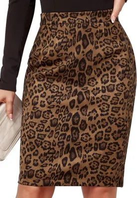 Ezcosplay Women Faux Suede Leopard Pencil Skirt Knee Length High Waisted Cheetah Print Bodycon Midi Skirts