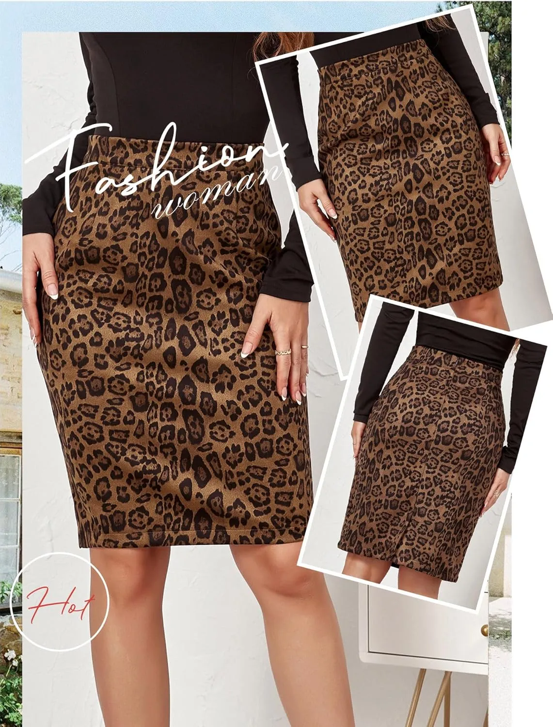 Ezcosplay Women Faux Suede Leopard Pencil Skirt Knee Length High Waisted Cheetah Print Bodycon Midi Skirts
