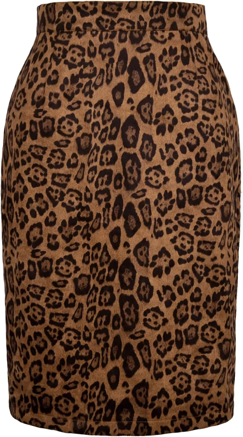 Ezcosplay Women Faux Suede Leopard Pencil Skirt Knee Length High Waisted Cheetah Print Bodycon Midi Skirts