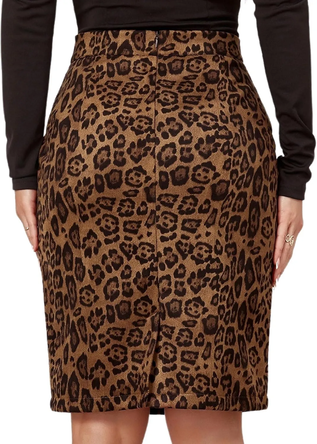 Ezcosplay Women Faux Suede Leopard Pencil Skirt Knee Length High Waisted Cheetah Print Bodycon Midi Skirts