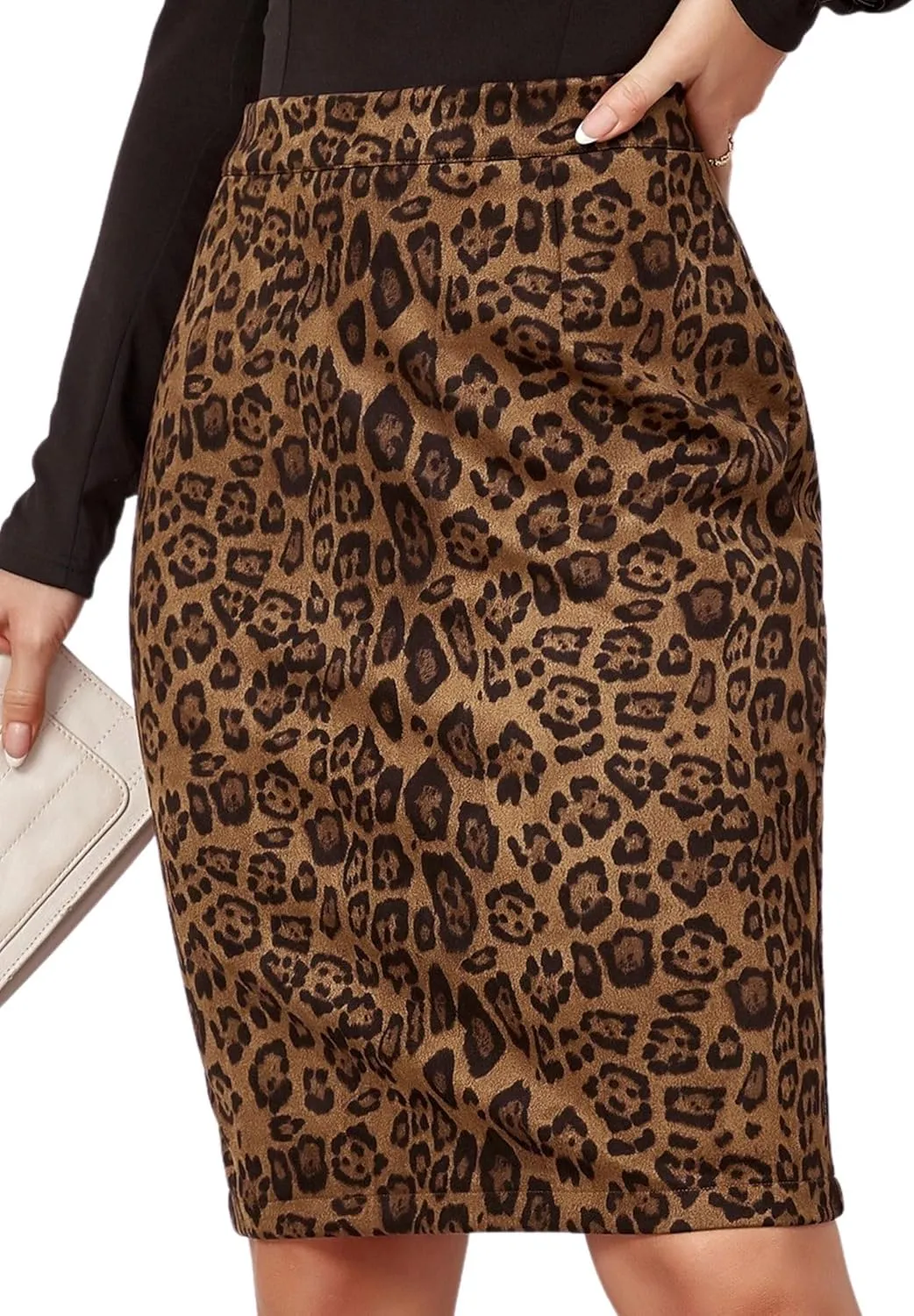 Ezcosplay Women Faux Suede Leopard Pencil Skirt Knee Length High Waisted Cheetah Print Bodycon Midi Skirts