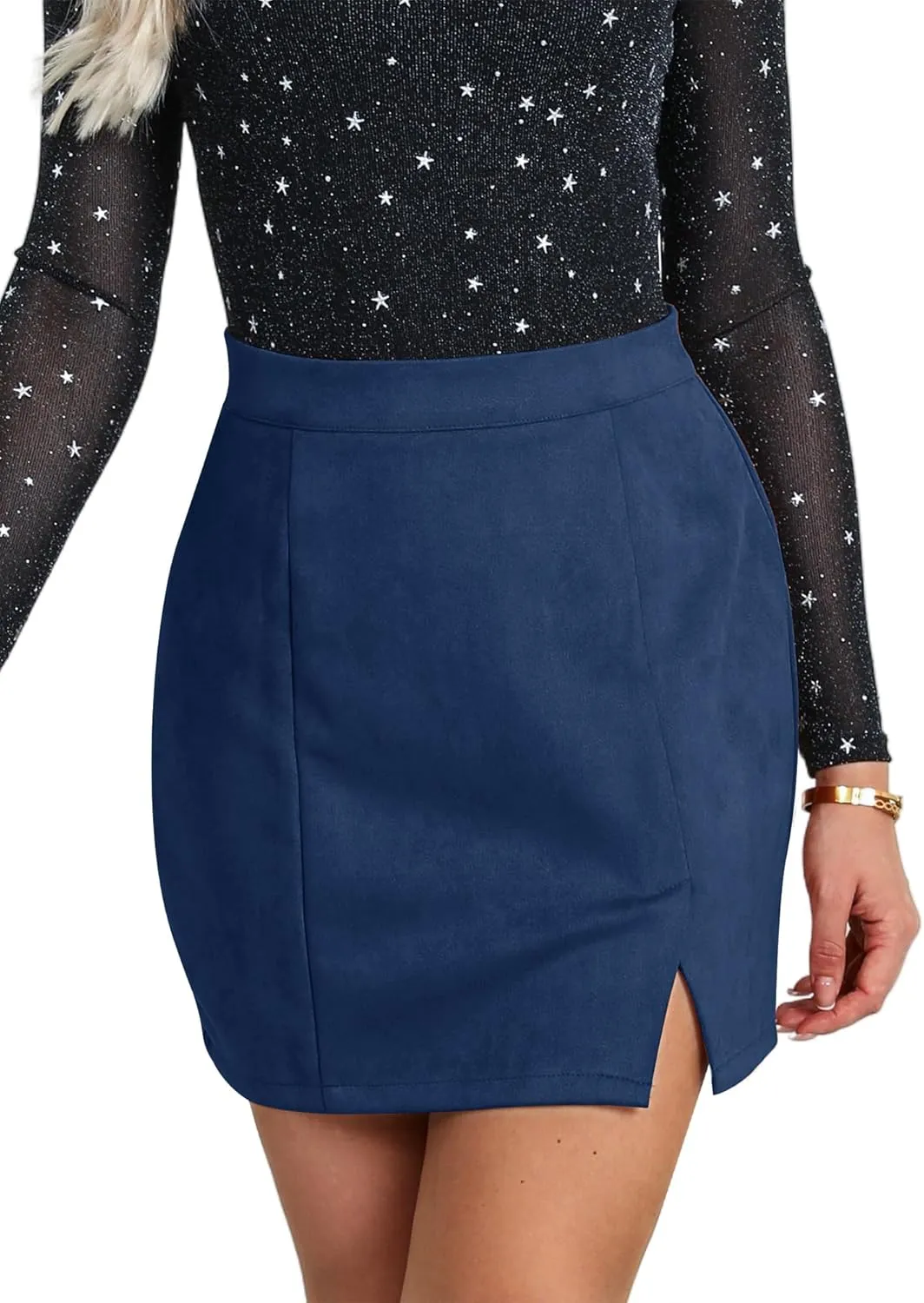 Ezcosplay Women Faux Suede Sexy Mini Skirt with Slit High Waisted Zipper Back Pencil Bodycon Short Skirts
