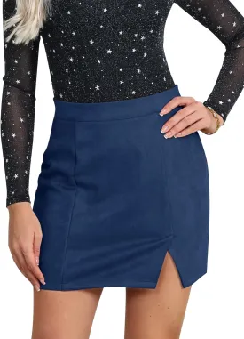 Ezcosplay Women Faux Suede Sexy Mini Skirt with Slit High Waisted Zipper Back Pencil Bodycon Short Skirts