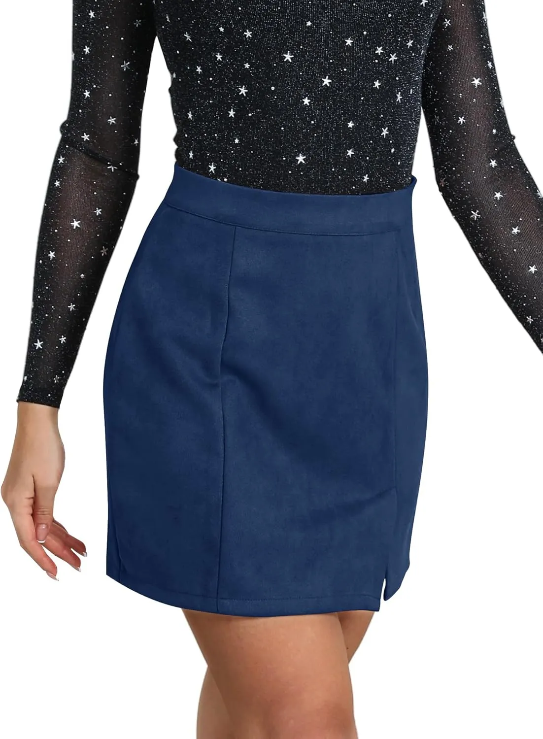 Ezcosplay Women Faux Suede Sexy Mini Skirt with Slit High Waisted Zipper Back Pencil Bodycon Short Skirts