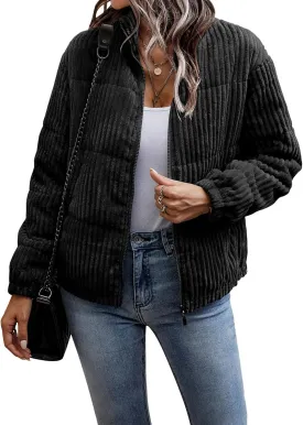 Flygo Corduroy Puffer Jacket Women Quilted Jackets Lightweight Baggy Zip Spring Fall Jackets Coats 2024