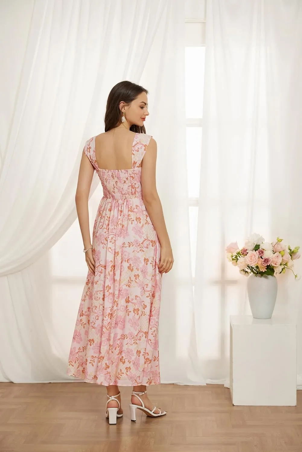 GRACE KARIN 2025 Women's Summer Floral Print Flowy A Line Maxi Dresses Sleeveless Smocked Off Shoulder Dress