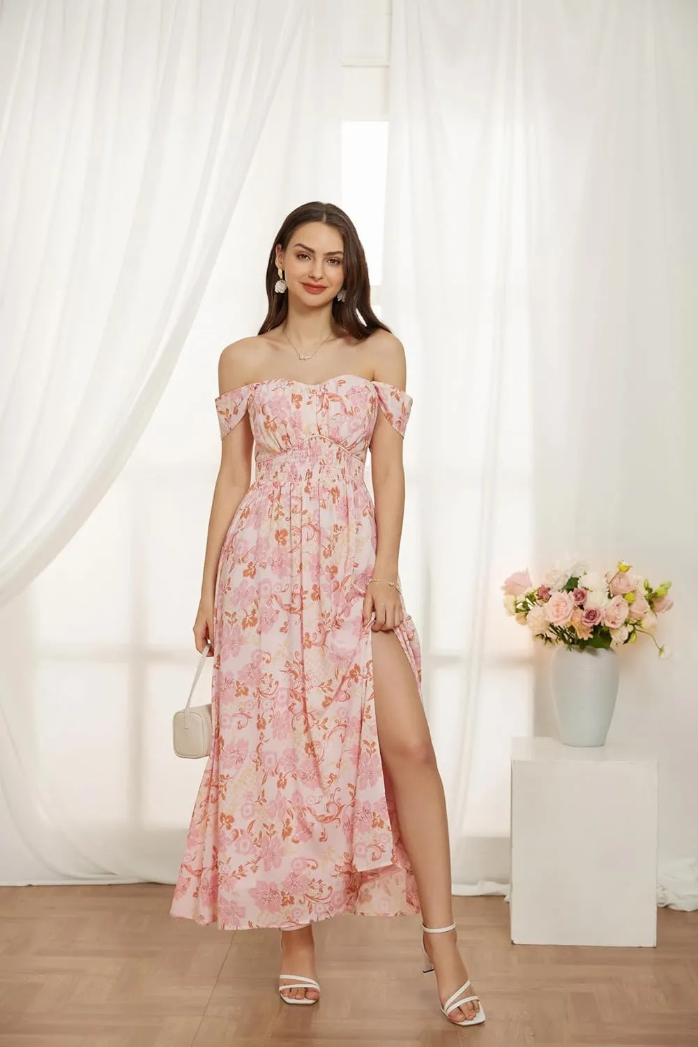 GRACE KARIN 2025 Women's Summer Floral Print Flowy A Line Maxi Dresses Sleeveless Smocked Off Shoulder Dress