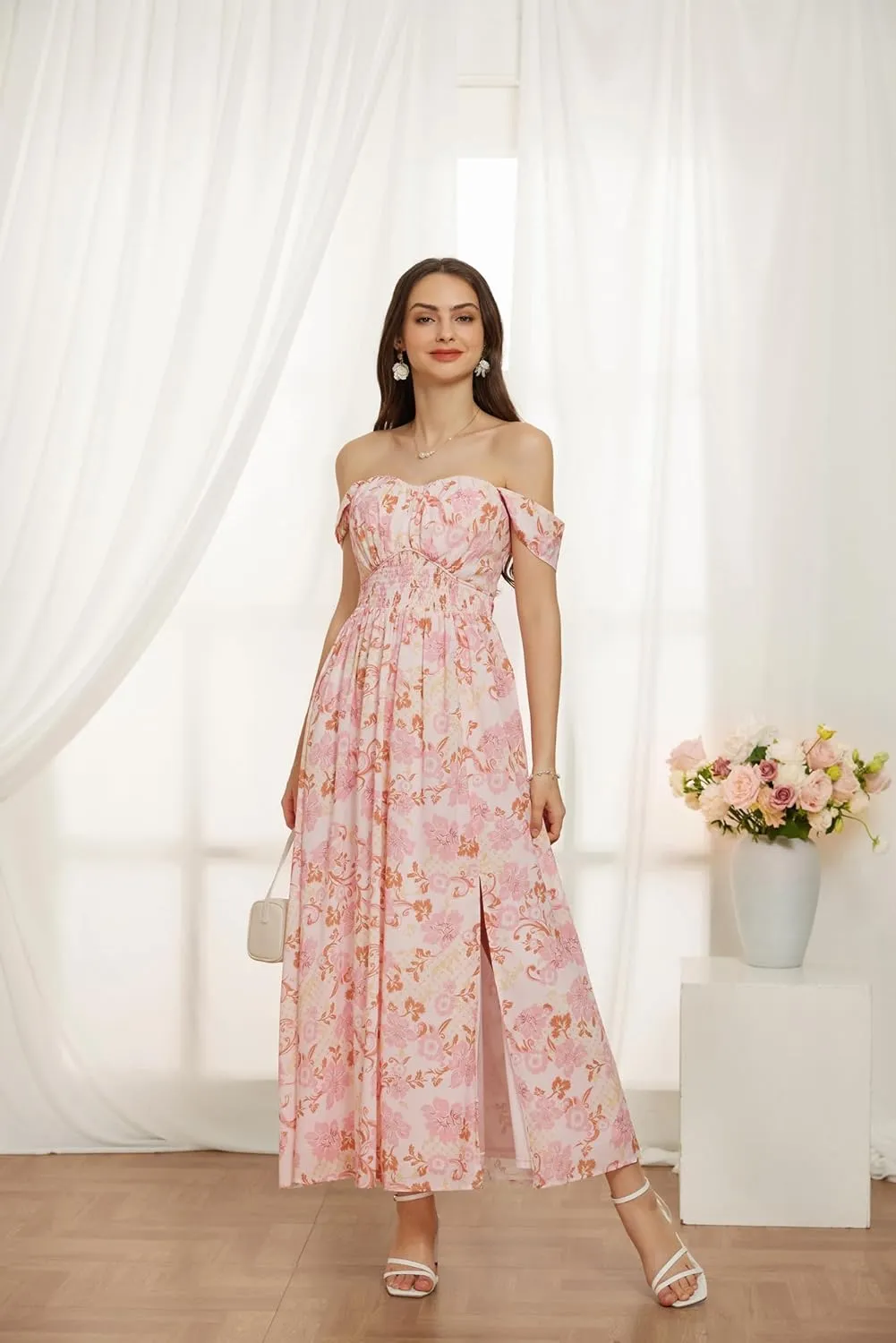 GRACE KARIN 2025 Women's Summer Floral Print Flowy A Line Maxi Dresses Sleeveless Smocked Off Shoulder Dress