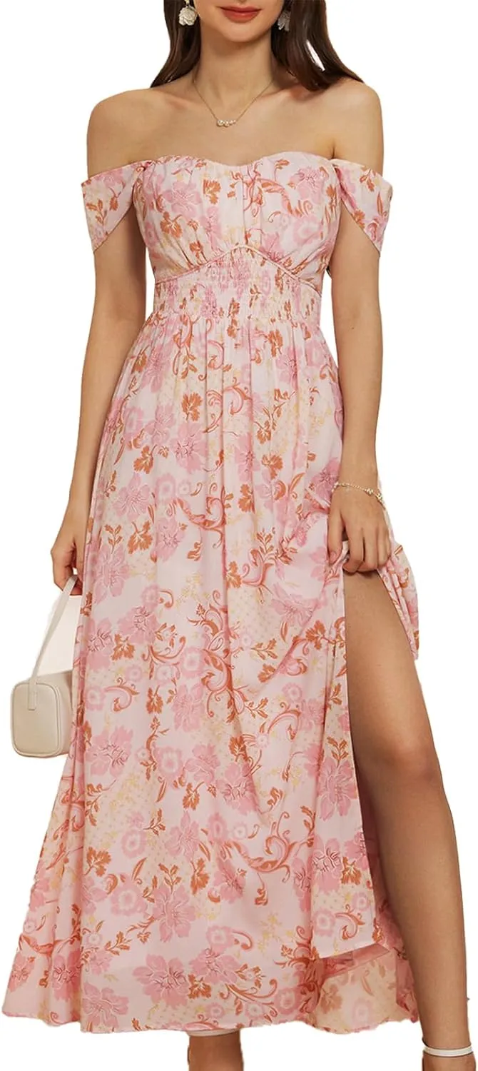 GRACE KARIN 2025 Women's Summer Floral Print Flowy A Line Maxi Dresses Sleeveless Smocked Off Shoulder Dress