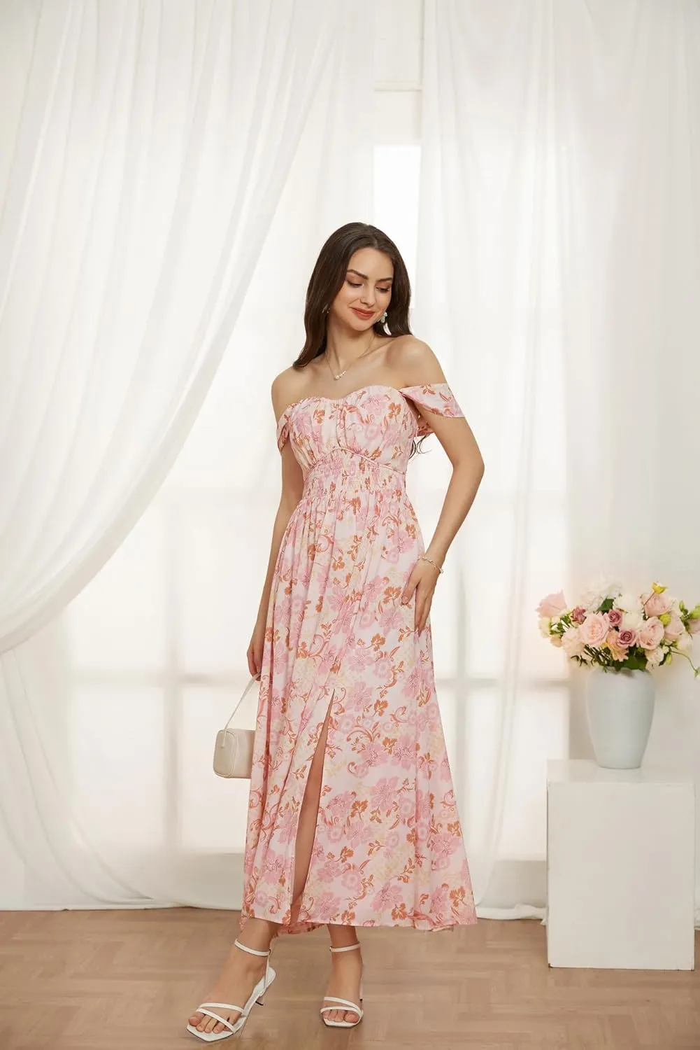 GRACE KARIN 2025 Women's Summer Floral Print Flowy A Line Maxi Dresses Sleeveless Smocked Off Shoulder Dress