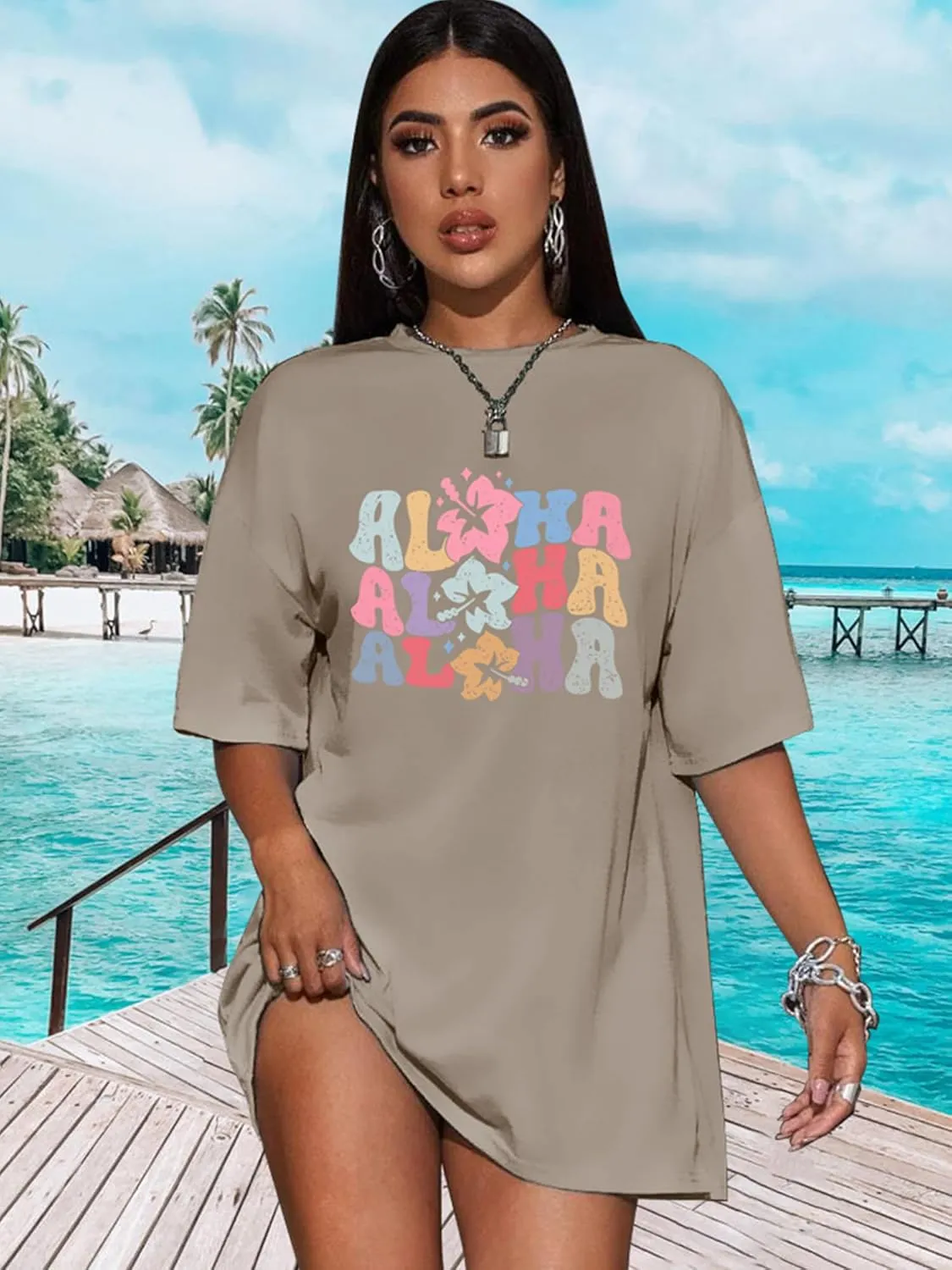 Hawaiian Shirts Women Oversized Aloha Shirt Flower Graphic Short Sleeve Family Vacation Beach T-Shirt Tops