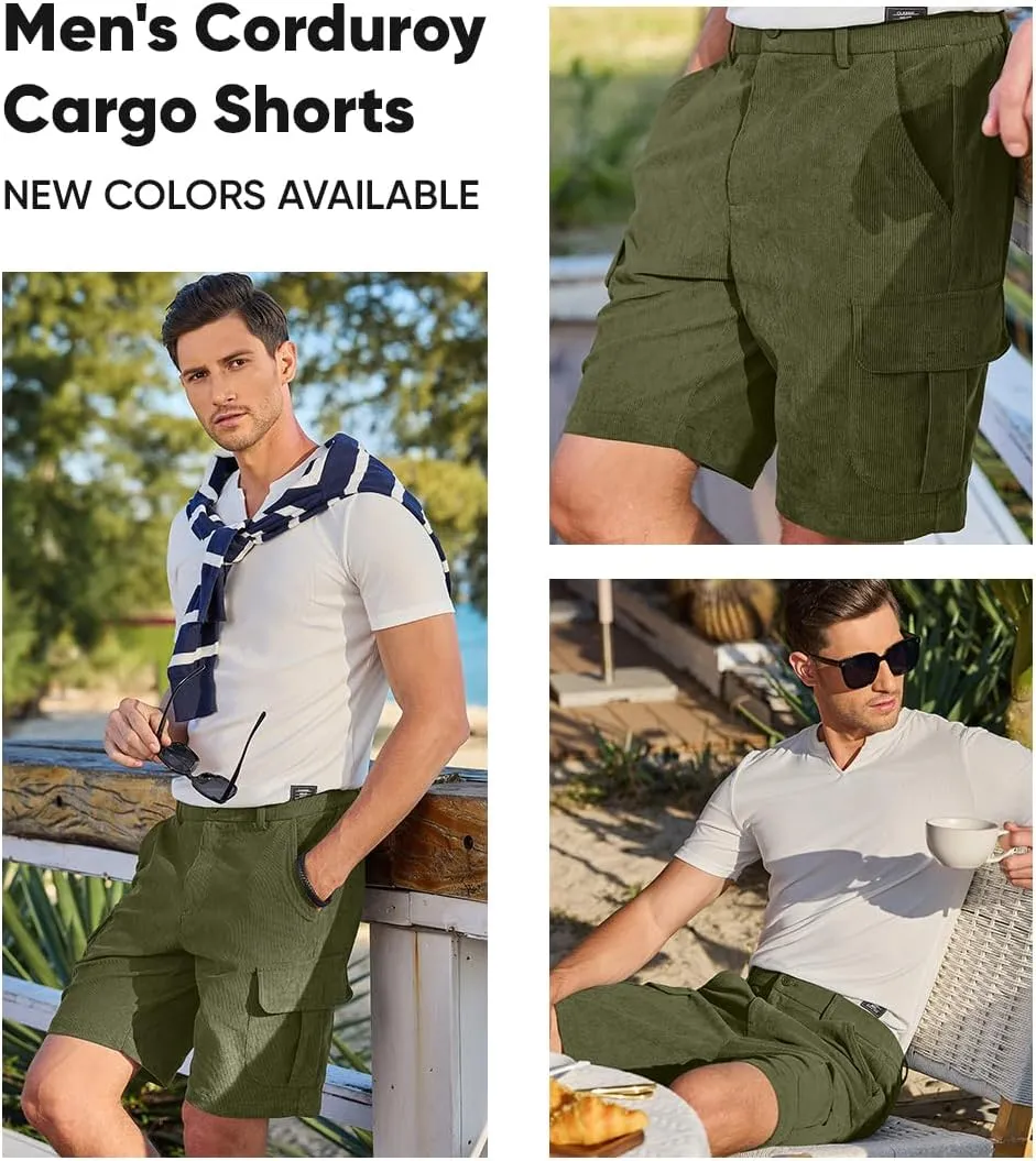 JMIERR Mens Cargo Shorts Corduroy Casual Elastic Waist Lightweight Outdoor Hiking Work Short