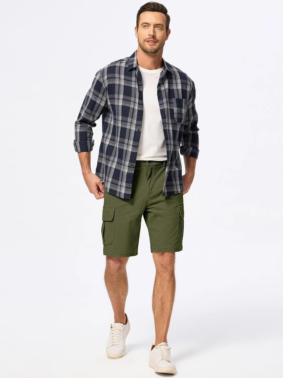 JMIERR Mens Cargo Shorts Corduroy Casual Elastic Waist Lightweight Outdoor Hiking Work Short