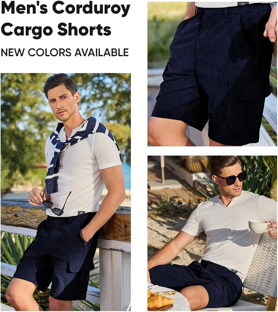 JMIERR Mens Cargo Shorts Corduroy Casual Elastic Waist Lightweight Outdoor Hiking Work Short