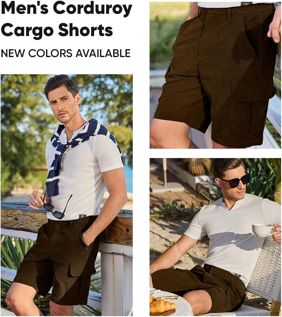 JMIERR Mens Cargo Shorts Corduroy Casual Elastic Waist Lightweight Outdoor Hiking Work Short