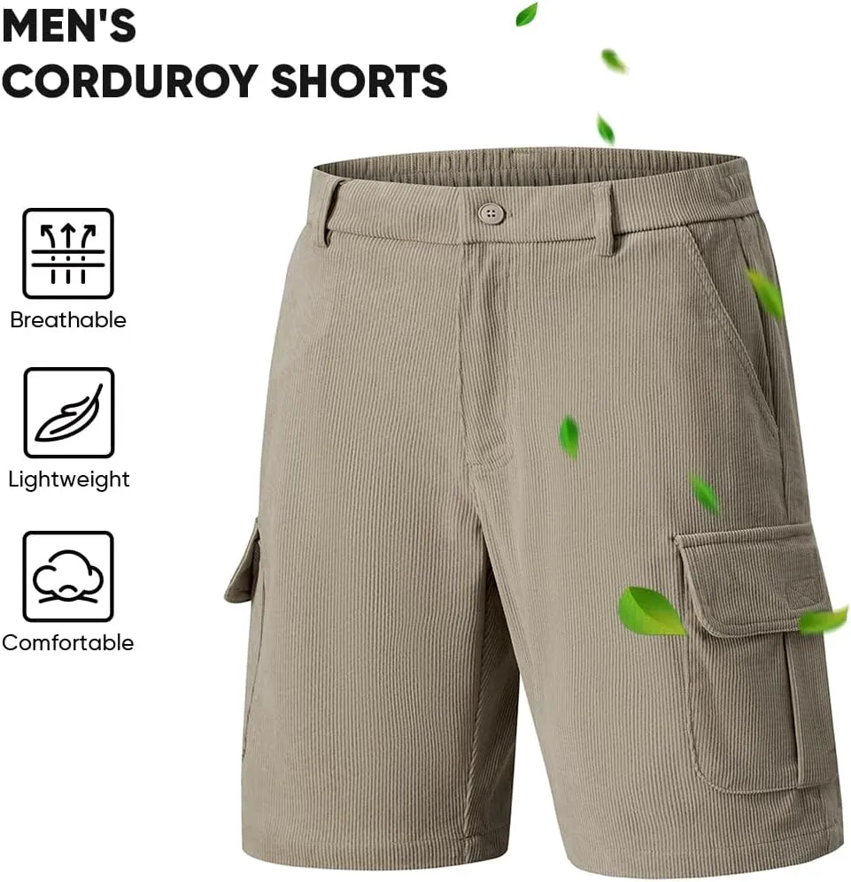 JMIERR Mens Cargo Shorts Corduroy Casual Elastic Waist Lightweight Outdoor Hiking Work Short