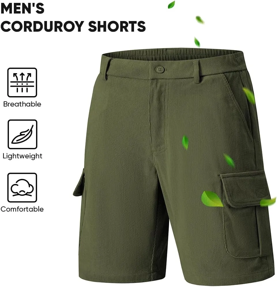 JMIERR Mens Cargo Shorts Corduroy Casual Elastic Waist Lightweight Outdoor Hiking Work Short