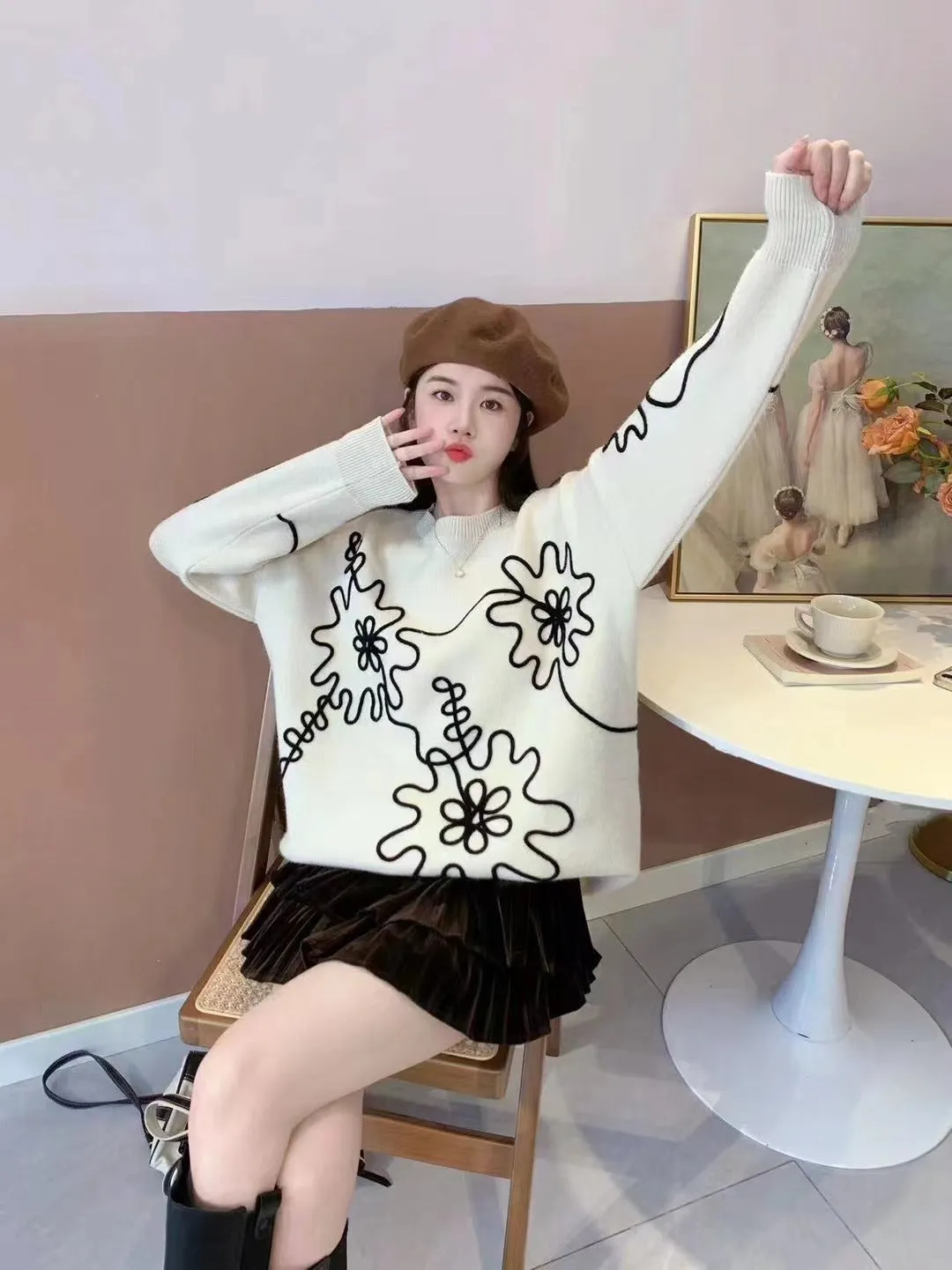 Knit Floral Oversized Sweater