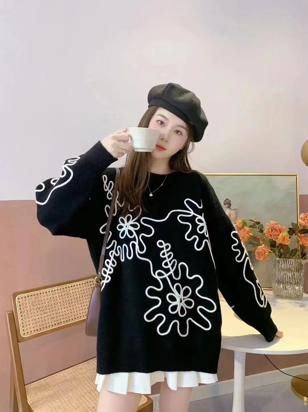 Knit Floral Oversized Sweater