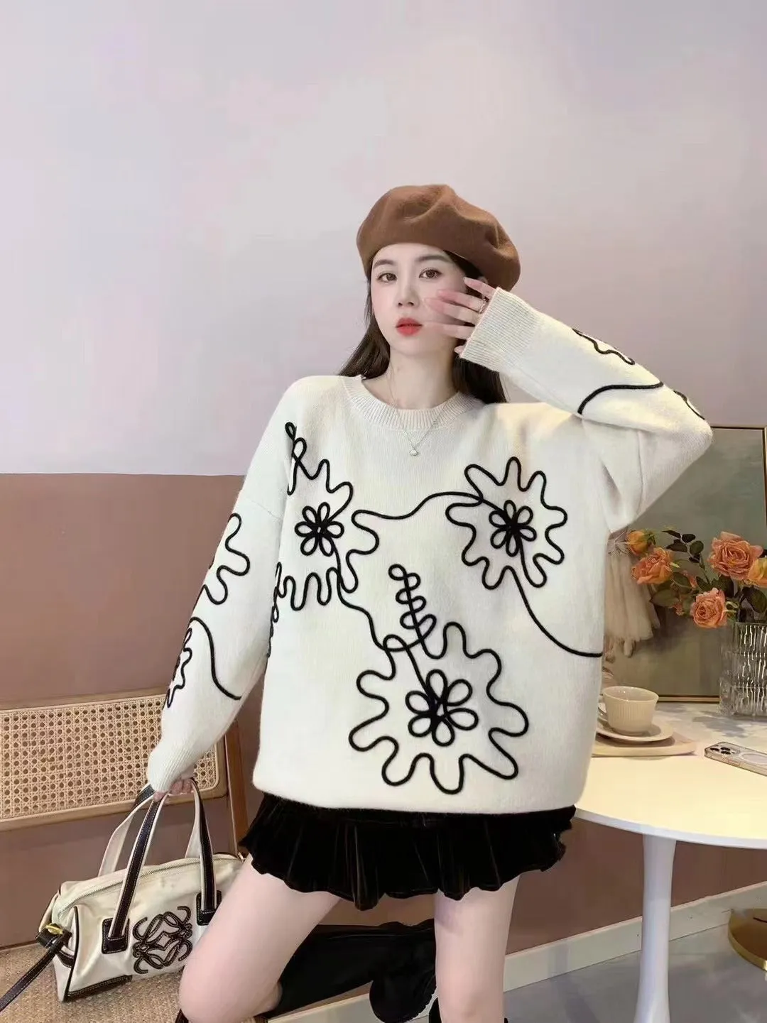 Knit Floral Oversized Sweater