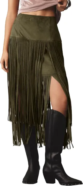 Locachy Womens Faux Suede Fringe Trim Midi Skirt Casual High Waist Bodycon Skirt