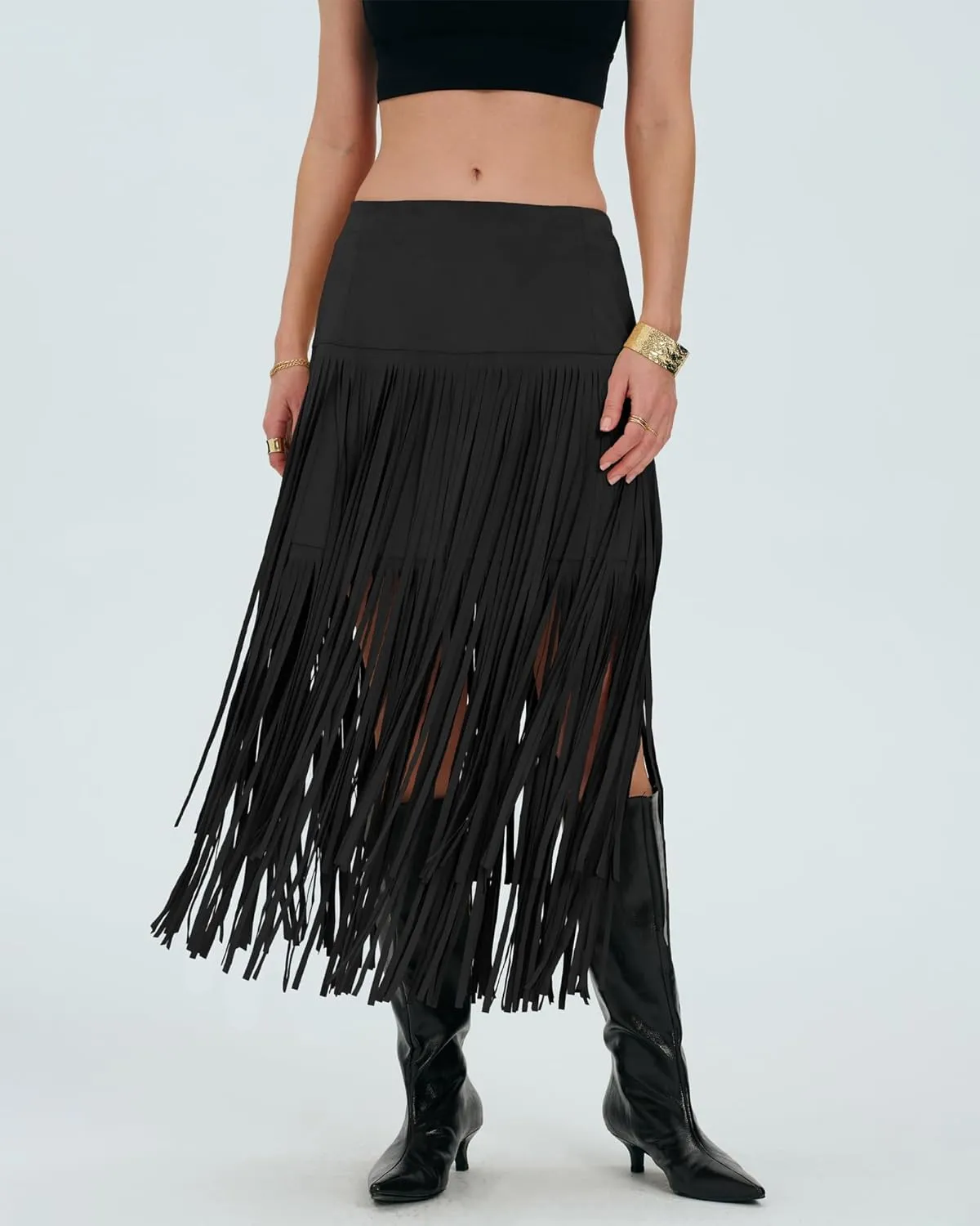 Locachy Womens Faux Suede Fringe Trim Midi Skirt Casual High Waist Bodycon Skirt