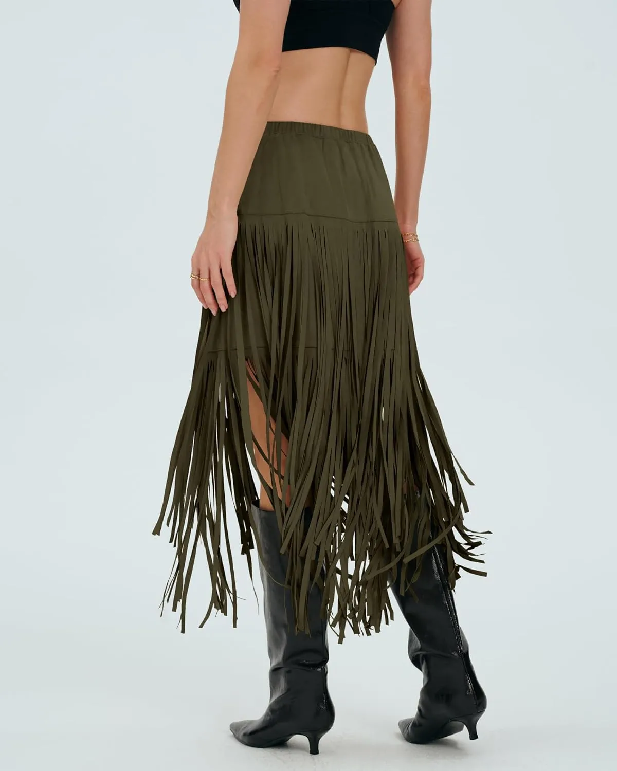 Locachy Womens Faux Suede Fringe Trim Midi Skirt Casual High Waist Bodycon Skirt