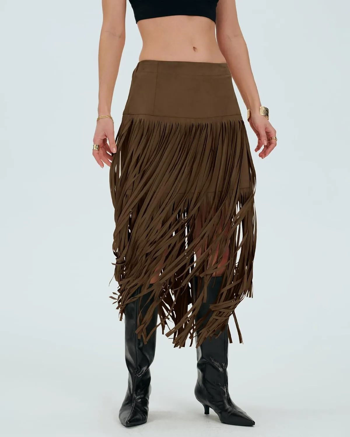 Locachy Womens Faux Suede Fringe Trim Midi Skirt Casual High Waist Bodycon Skirt